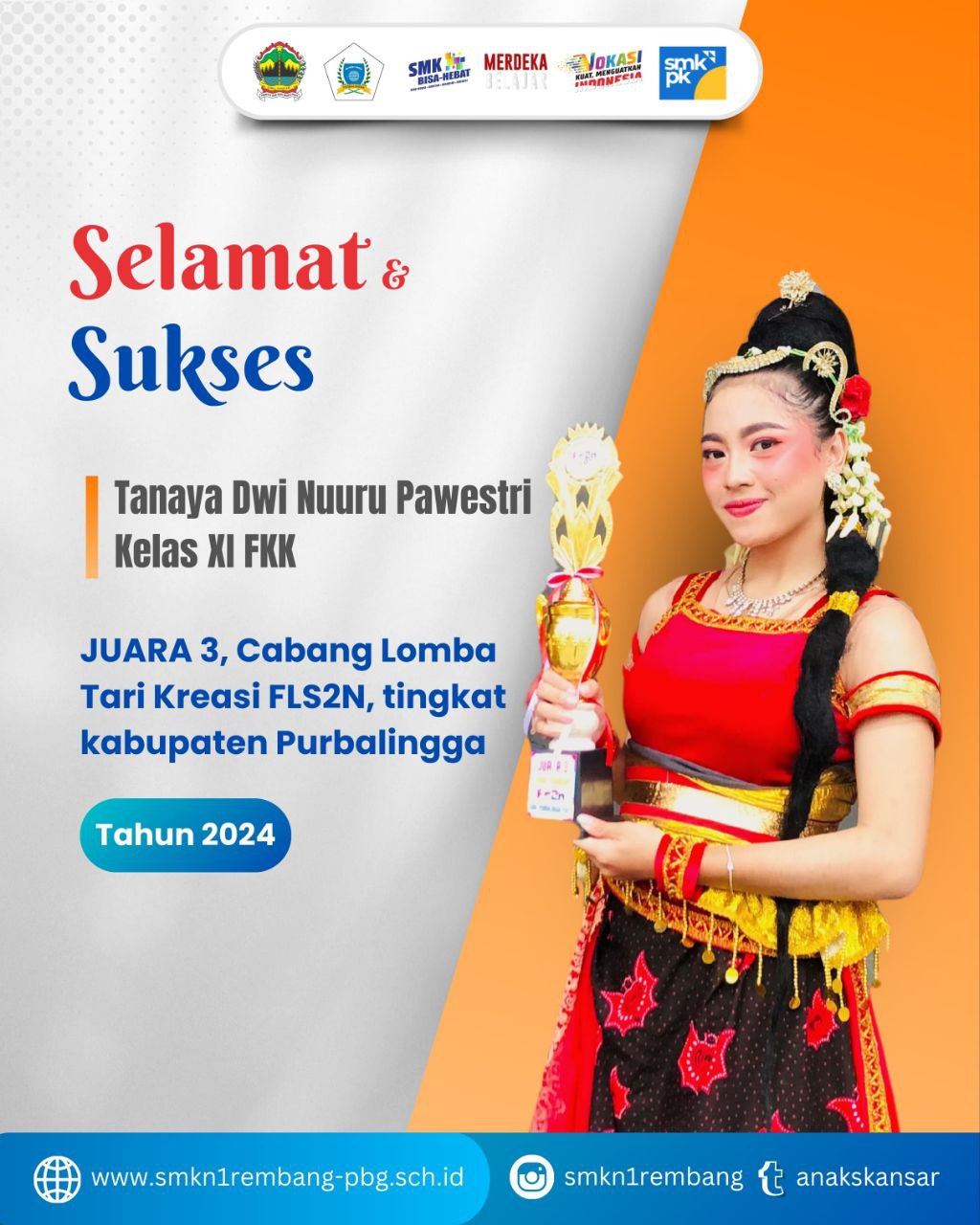LOMBA FLS2N CABANG TARI TINGKAT KABUPATEN PURBALINGGA SMK NEGERI 1 REMBANG JUARA 3